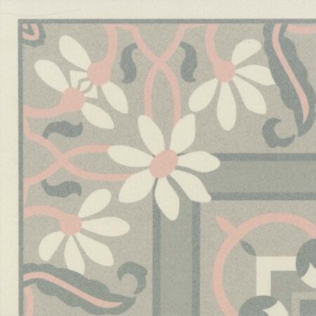 Fliesenmuster "Barvita Brigitte Dekor" mit floralen und grafischen Elementen in sanften Pastellfarben.