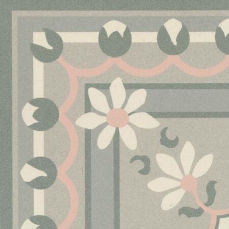 Detailaufnahme der "Barvita Brigitte Dekor"-Fliese mit Blumenmotiven und geschwungenen Bordüren in Pastelltönen.