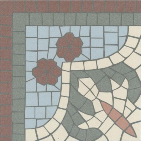 Detailaufnahme der Barvita Dekor Gilbert Fliese 15x15cm mit Mosaikdesign und floralen Elementen.