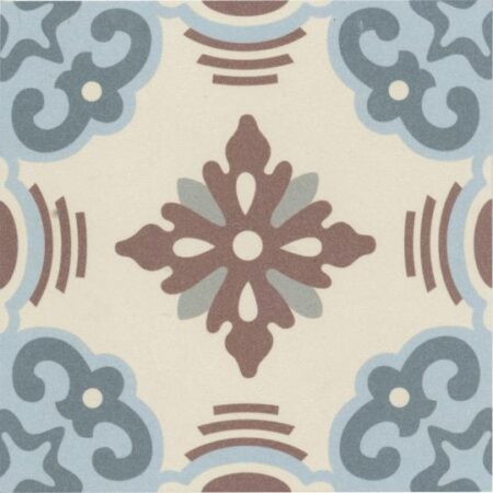 Barvita Dekor Irma Fliese 15x15 cm mit floralen und geometrischen Mustern in Blau- und Brauntönen.