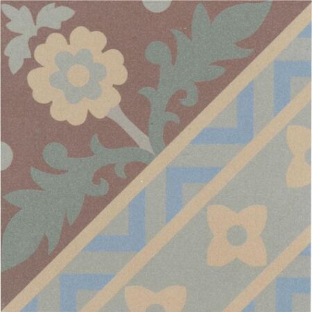 Barvita Dekor Jean Fliese, 15x15 cm, elegante Kombination aus floralen und geometrischen Mustern in Braun-, Blau- und Beigetönen.