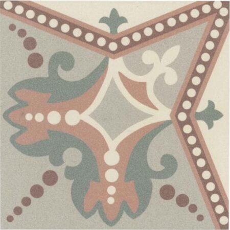 Barvita „Lili“ Fliese, 15x15cm, Detailaufnahme des Dekors mit floralen und geometrischen Akzenten.
